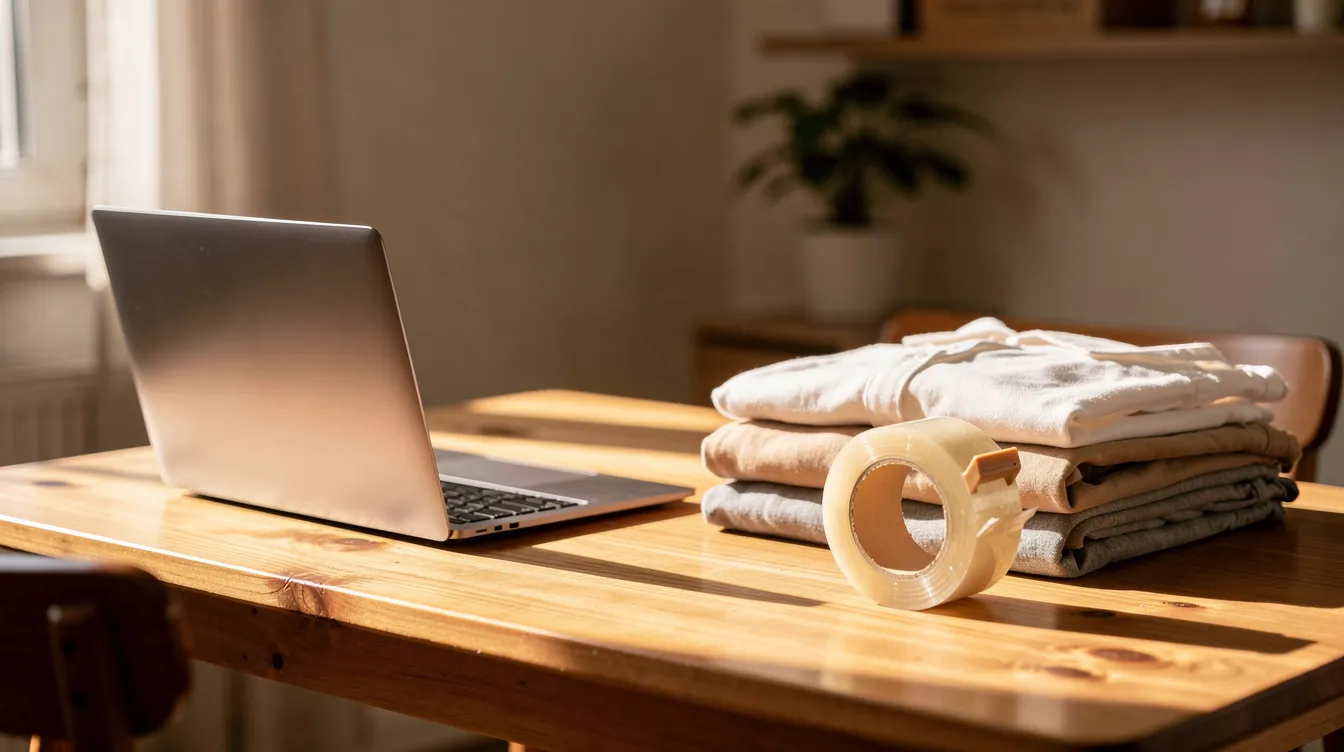 A cozy home workspace features a laptop, neatly folded plain garments, and a roll of packing tape on a wooden table, illuminated by warm natural light. This setup is ideal for managing an online store or a dropshipping business, emphasizing the importance of reliable supplier relationships and efficient inventory management.