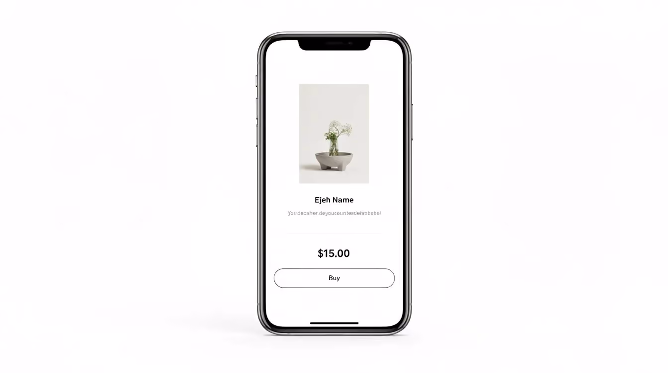 A smartphone is shown displaying a clean, minimal product page featuring a single item and a prominent buy button against a white background, representing an e-commerce store designed for easy online purchases. This layout emphasizes a user-friendly customer experience, essential for selling products online effectively.