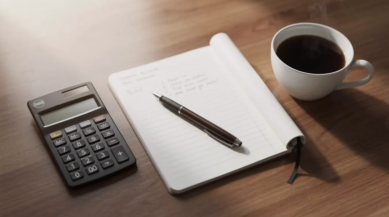 The image depicts a wooden desk featuring a calculator, an open notebook, a pen, and a steaming cup of coffee, creating a workspace atmosphere ideal for planning an online store. This setup suggests a focus on business finances and marketing strategies for selling products online.