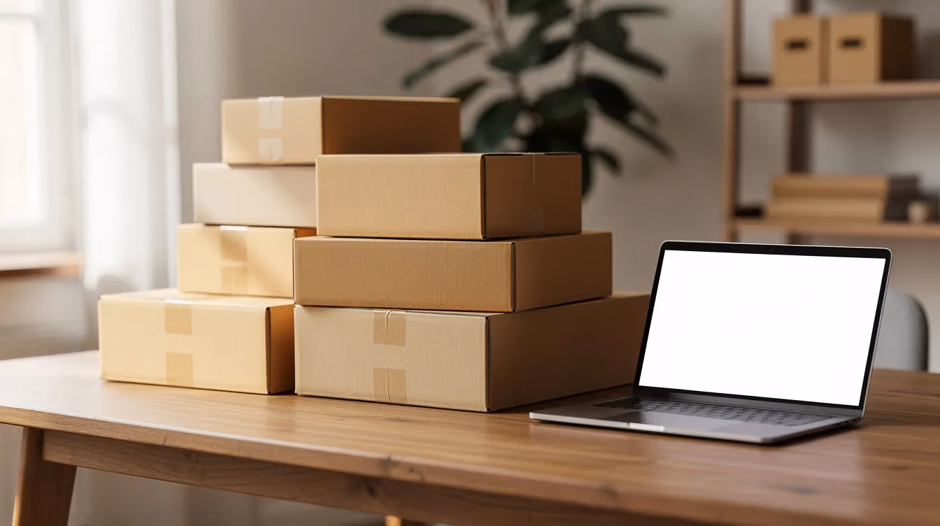 The image shows a stack of shipping boxes on a table next to a laptop, illustrating a home office setup for an online store. This scene reflects the essentials of running an online business, with a focus on inventory management and shipping options for selling products online.