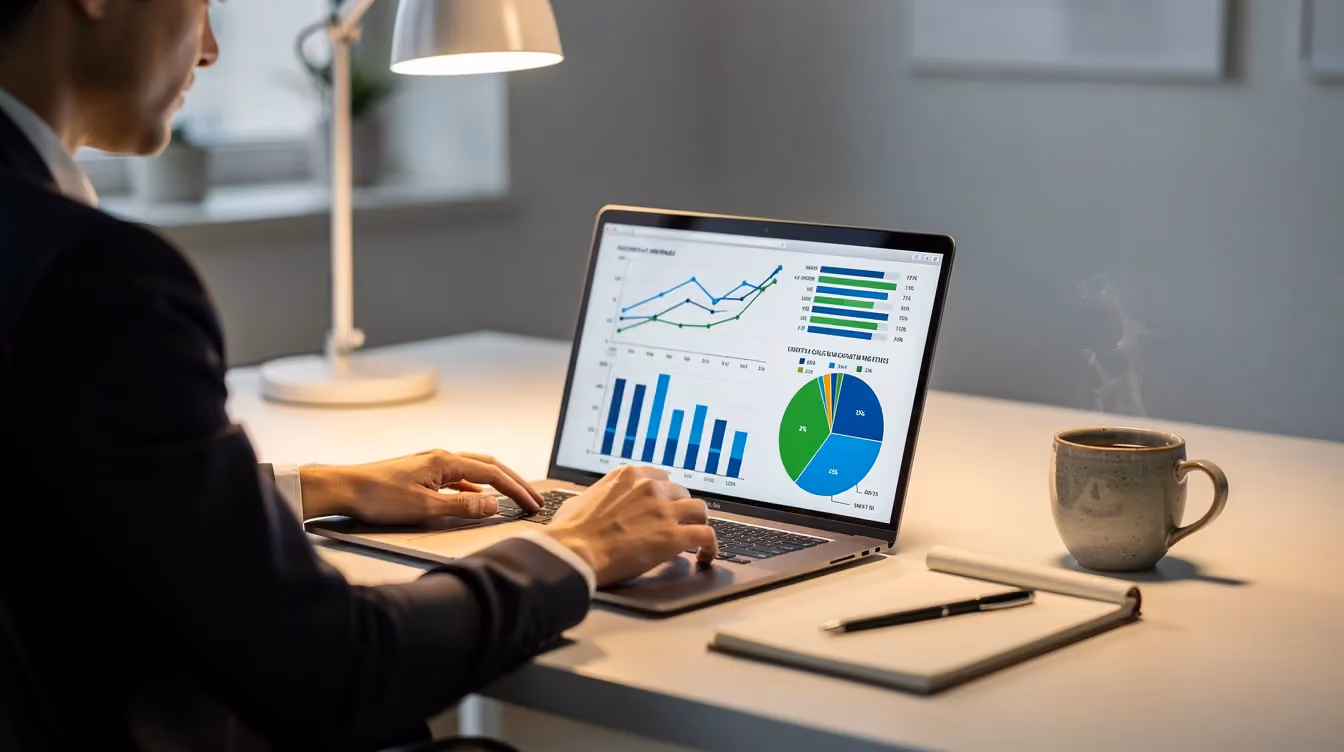 A person is sitting at a desk, intently reviewing charts and graphs displayed on their laptop, with a coffee cup placed nearby. This scene reflects the analytical side of running an online store, where understanding data is crucial for driving sales and improving the customer experience.