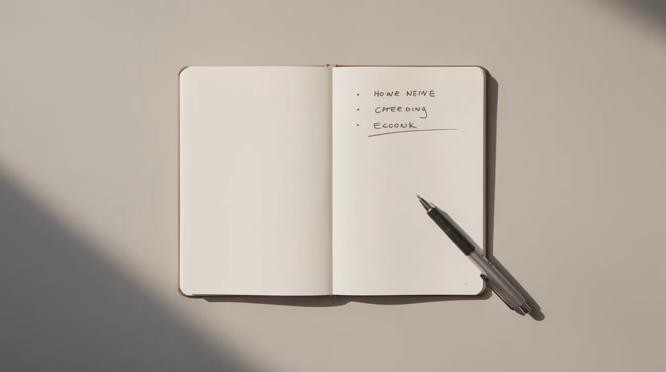 An overhead view of a clean desk featuring a notebook with a short handwritten list, where one line is crossed out, alongside a pen, all illuminated by soft daylight. This image could inspire those exploring online business ideas or planning their own successful online business strategy.