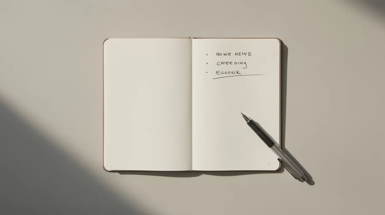 An overhead view of a clean desk featuring a notebook with a short handwritten list, where one line is crossed out, alongside a pen, all illuminated by soft daylight. This image could inspire those exploring online business ideas or planning their own successful online business strategy.