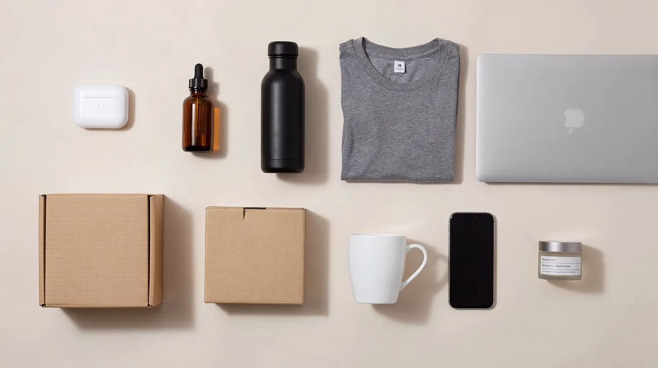 The image features nine unbranded objects, including various items like a notebook, a mug, and digital devices, artfully arranged on a plain pale surface illuminated by soft daylight. This arrangement symbolizes a diverse range of ecommerce product types, highlighting potential online business ideas for aspiring entrepreneurs.
