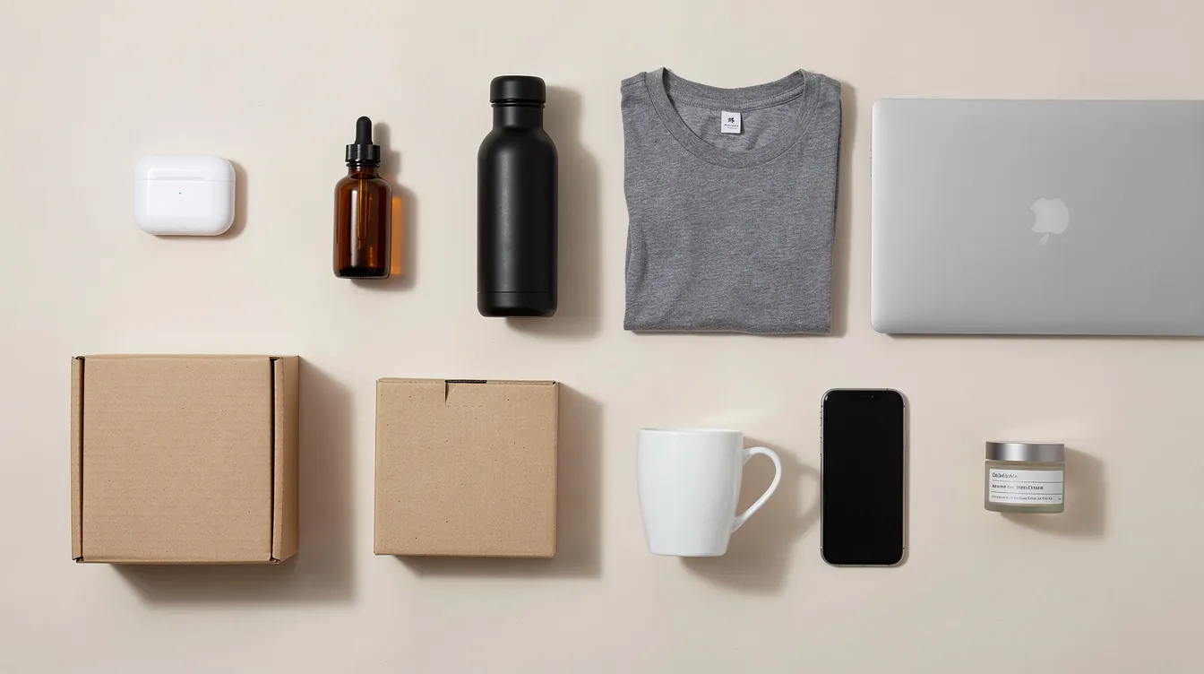 The image features nine unbranded objects, including various items like a notebook, a mug, and digital devices, artfully arranged on a plain pale surface illuminated by soft daylight. This arrangement symbolizes a diverse range of ecommerce product types, highlighting potential online business ideas for aspiring entrepreneurs.