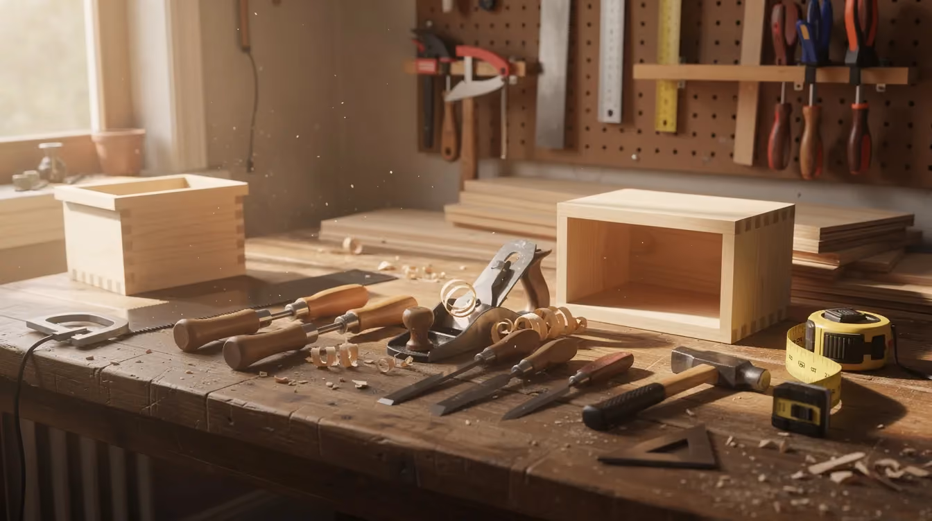 The image depicts a well-organized home workbench bathed in warm afternoon light, showcasing an assortment of hand tools and plain unfinished wooden items, perfect for crafting or DIY projects. This serene workspace reflects the ideal environment for small business owners looking to start an online business or create digital products.
