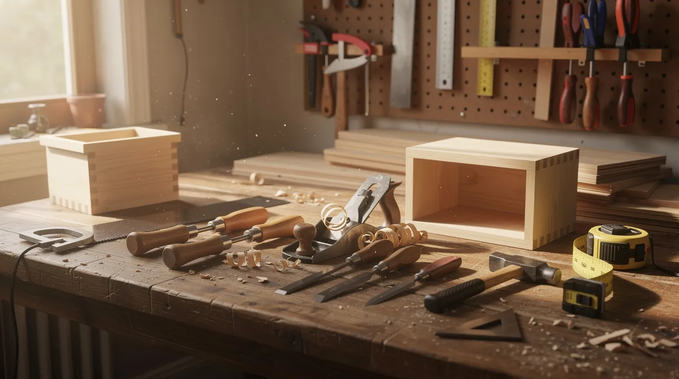 The image depicts a well-organized home workbench bathed in warm afternoon light, showcasing an assortment of hand tools and plain unfinished wooden items, perfect for crafting or DIY projects. This serene workspace reflects the ideal environment for small business owners looking to start an online business or create digital products.