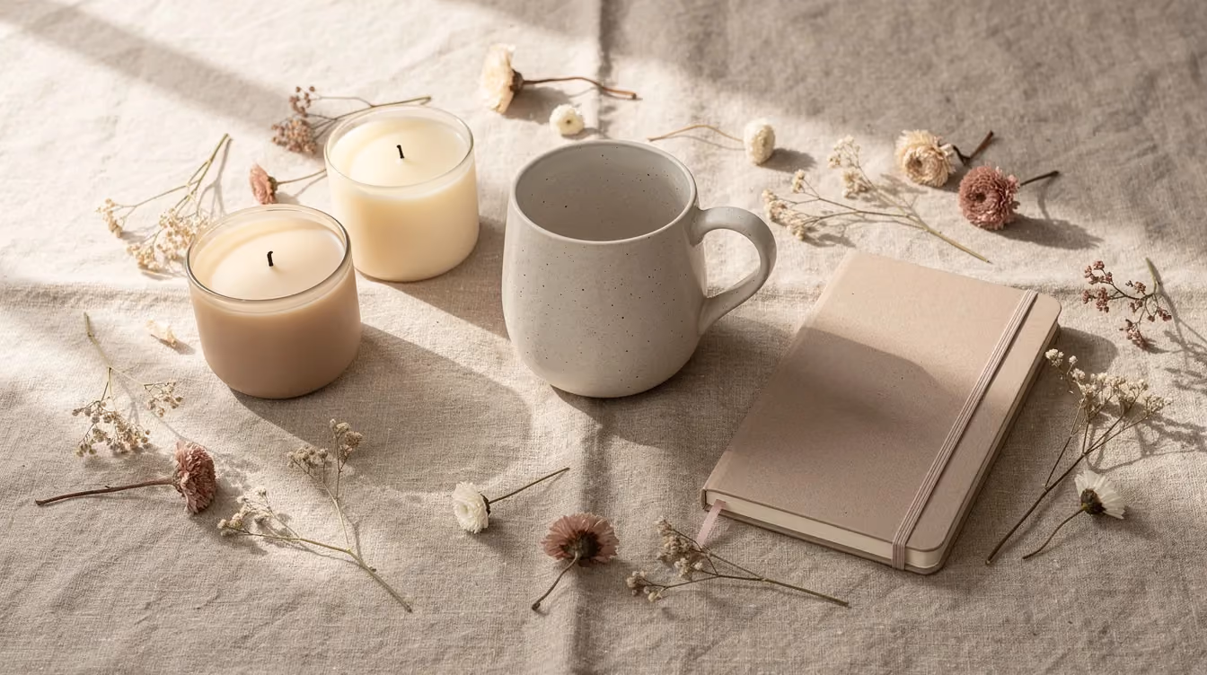 A flat lay arrangement features curated products including candles, a notebook, a ceramic mug, and dried flowers, all set on a linen cloth illuminated by soft natural light. This aesthetic display could inspire online business ideas for selling home decor and lifestyle items through an online store.