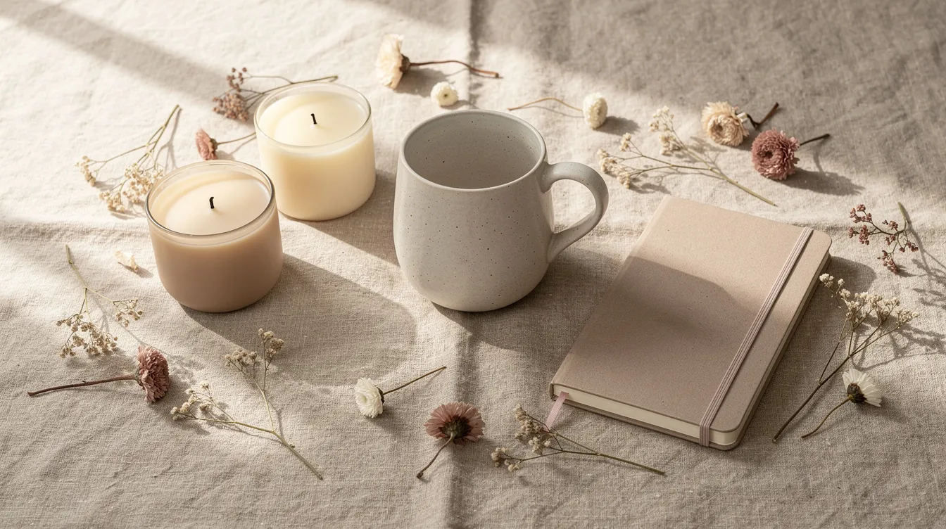 A flat lay arrangement features curated products including candles, a notebook, a ceramic mug, and dried flowers, all set on a linen cloth illuminated by soft natural light. This aesthetic display could inspire online business ideas for selling home decor and lifestyle items through an online store.