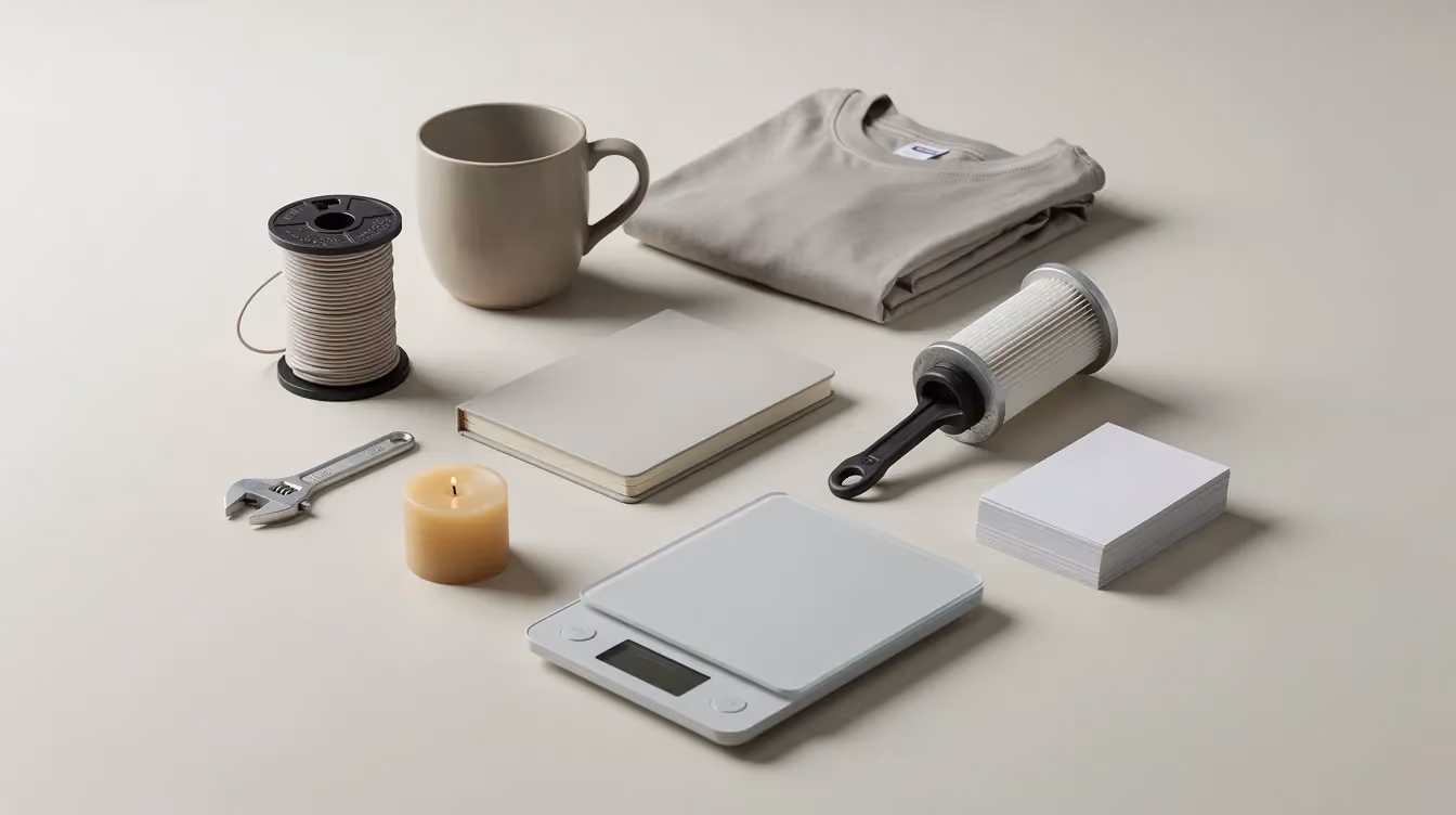 A photorealistic editorial image features a loose three-by-three grid of nine small unbranded objects, including a spool of filament, a ceramic mug, a folded plain t-shirt, a notebook, a small tool, a filter cartridge, a candle, a coffee scale, and a stack of cards, all arranged on a pale surface. Soft daylight illuminates the scene, highlighting its muted natural palette, which is ideal for showcasing products in an online store or for content creation related to online business ideas.