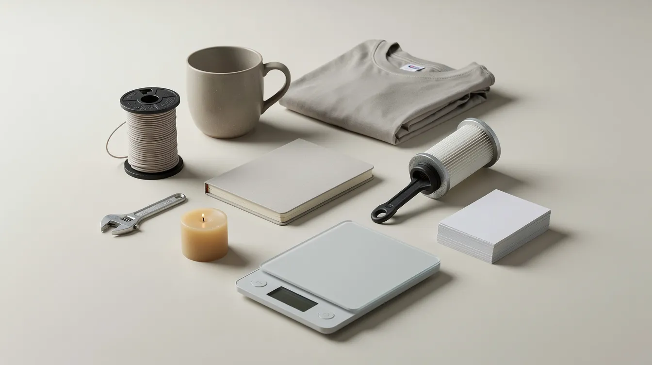 A photorealistic editorial image features a loose three-by-three grid of nine small unbranded objects, including a spool of filament, a ceramic mug, a folded plain t-shirt, a notebook, a small tool, a filter cartridge, a candle, a coffee scale, and a stack of cards, all arranged on a pale surface. Soft daylight illuminates the scene, highlighting its muted natural palette, which is ideal for showcasing products in an online store or for content creation related to online business ideas.
