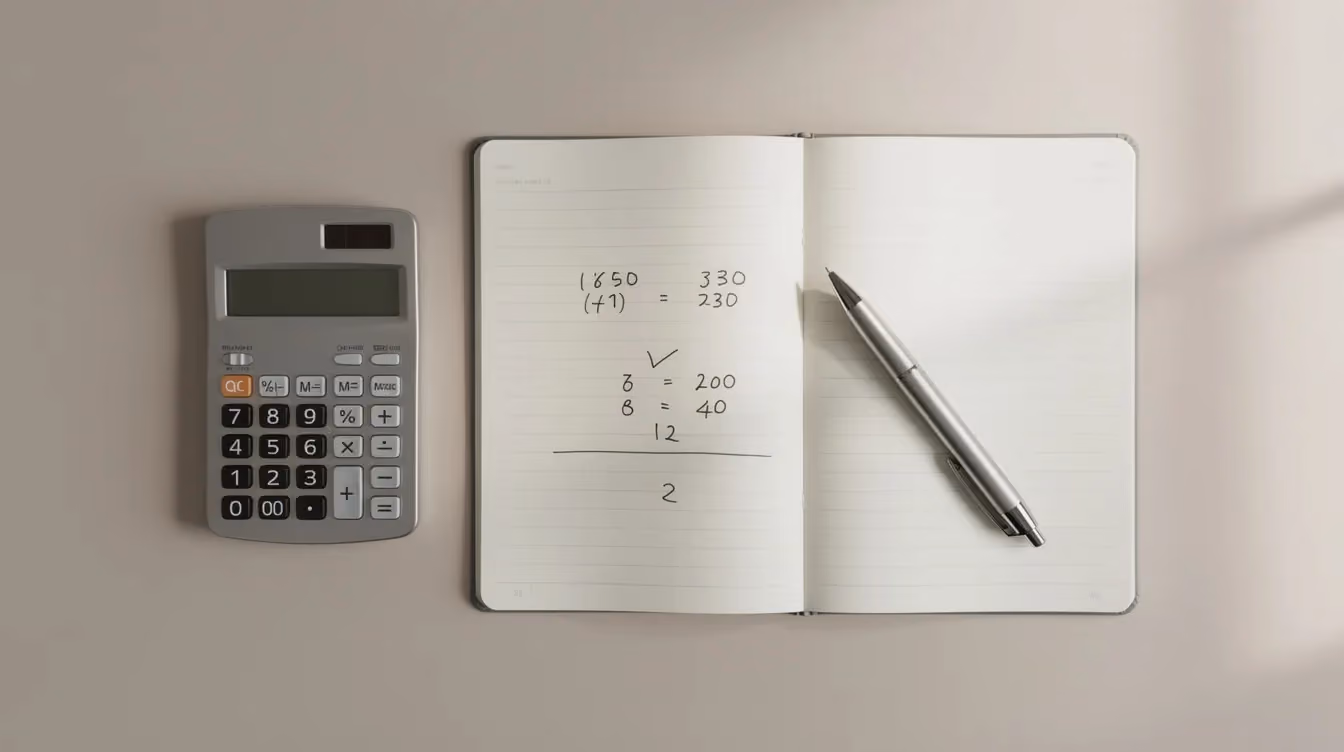 The image features a calculator, notebook, and pen arranged neatly on a clean desk, symbolizing budget planning and cost estimation for online business owners. This setup suggests a focus on financial organization, which is essential for managing an ecommerce business and optimizing a Shopify store.