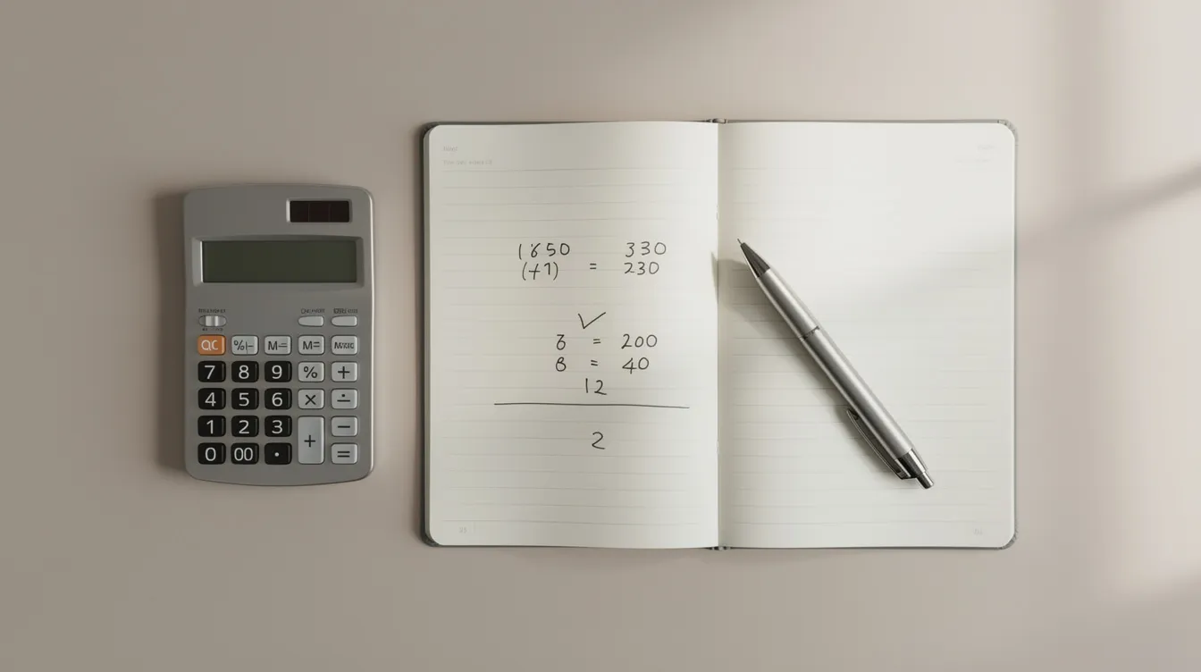 The image features a calculator, notebook, and pen arranged neatly on a clean desk, symbolizing budget planning and cost estimation for online business owners. This setup suggests a focus on financial organization, which is essential for managing an ecommerce business and optimizing a Shopify store.