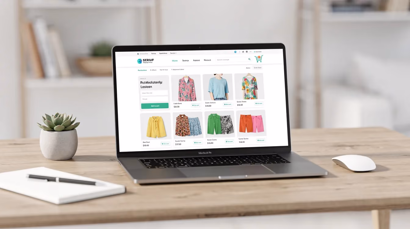 A laptop sits on a desk, showcasing a clean and modern online store homepage featuring vibrant product images and a prominent shopping cart icon. This design exemplifies a Shopify store, perfect for store owners looking to start selling online and manage their ecommerce business effectively.