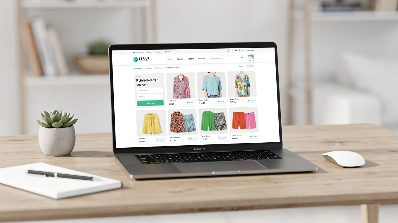 A laptop sits on a desk, showcasing a clean and modern online store homepage featuring vibrant product images and a prominent shopping cart icon. This design exemplifies a Shopify store, perfect for store owners looking to start selling online and manage their ecommerce business effectively.