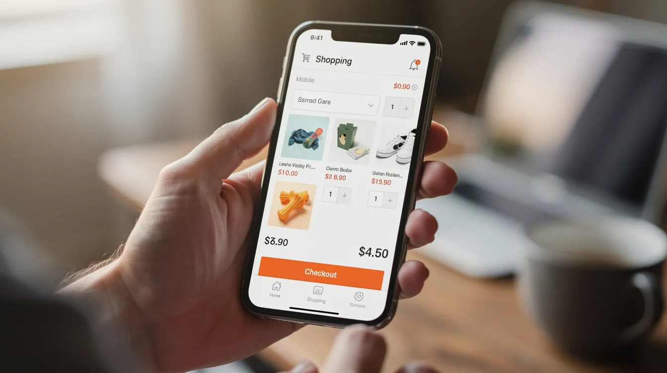 A person is holding a smartphone and scrolling through a mobile shopping cart on an online store, likely exploring product pages and preparing to make a purchase. This scene highlights the ease of managing an e-commerce business through a Shopify store.