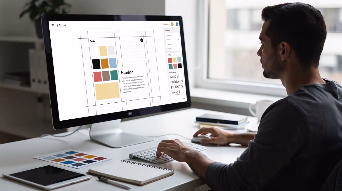An individual is focused on a computer screen, fine-tuning the design layout of an online store, with colorful swatches and various font samples displayed. This scene highlights the creative process of customizing a Shopify store to enhance the overall store design and attract potential customers.