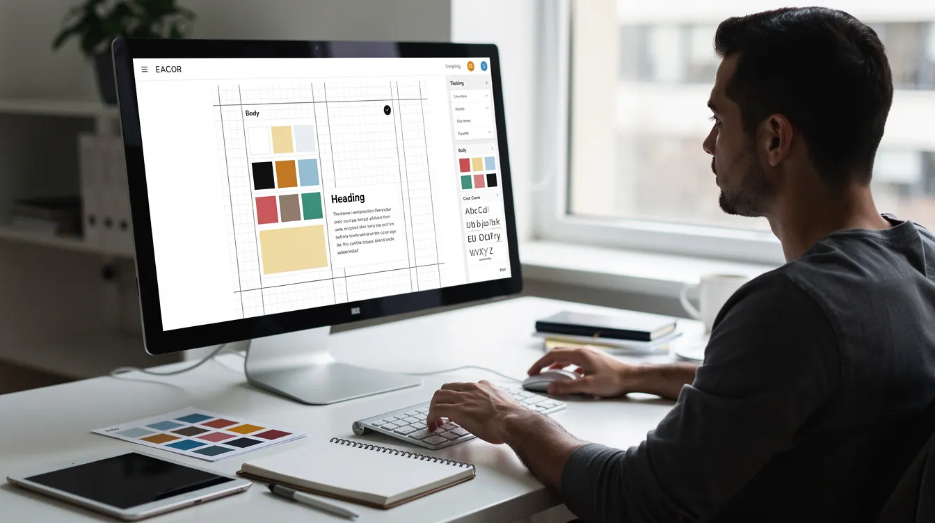 An individual is focused on a computer screen, fine-tuning the design layout of an online store, with colorful swatches and various font samples displayed. This scene highlights the creative process of customizing a Shopify store to enhance the overall store design and attract potential customers.