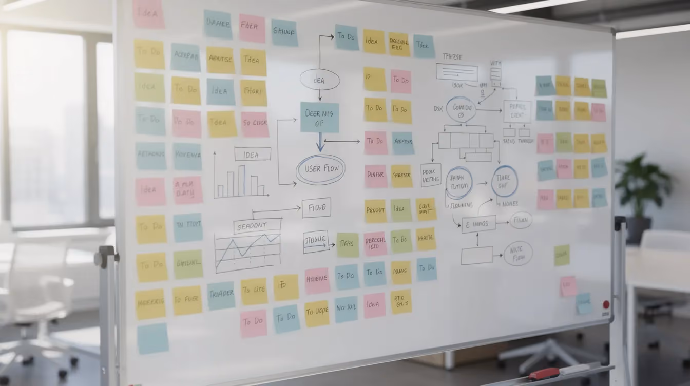 The image features a bright office whiteboard filled with colorful sticky notes and diagrams, illustrating various concepts related to ecommerce automation software and its benefits for ecommerce businesses. This organized display highlights ideas for streamlining operations, improving customer satisfaction, and automating tasks within an online store.