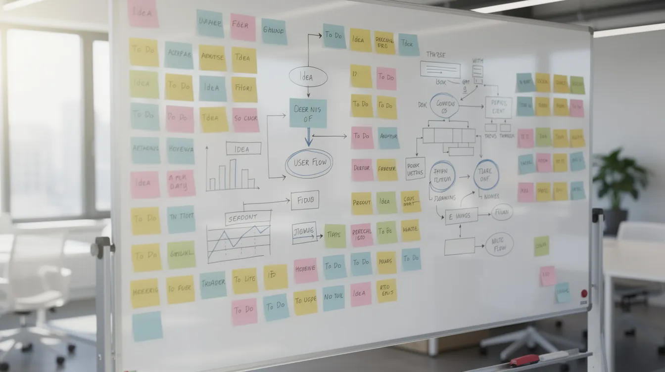 The image features a bright office whiteboard filled with colorful sticky notes and diagrams, illustrating various concepts related to ecommerce automation software and its benefits for ecommerce businesses. This organized display highlights ideas for streamlining operations, improving customer satisfaction, and automating tasks within an online store.