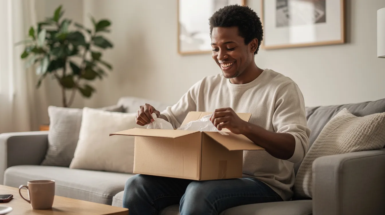 A person is joyfully opening a package at home, showcasing a moment of customer satisfaction that highlights the positive experience associated with ecommerce purchases. This image reflects the benefits of ecommerce automation, enhancing customer experience and streamlining order fulfillment processes.