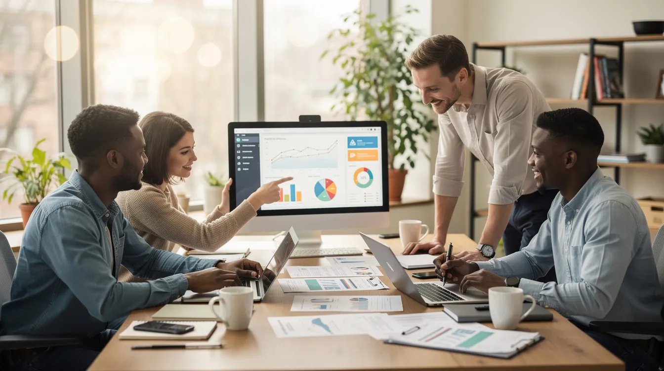 A diverse team is gathered around a desk, collaboratively reviewing documents and discussing information displayed on a computer screen, focusing on improving their ecommerce operations and customer experience through automation tools. This teamwork highlights the importance of efficient communication and the benefits of ecommerce automation in streamlining tasks and enhancing customer satisfaction.