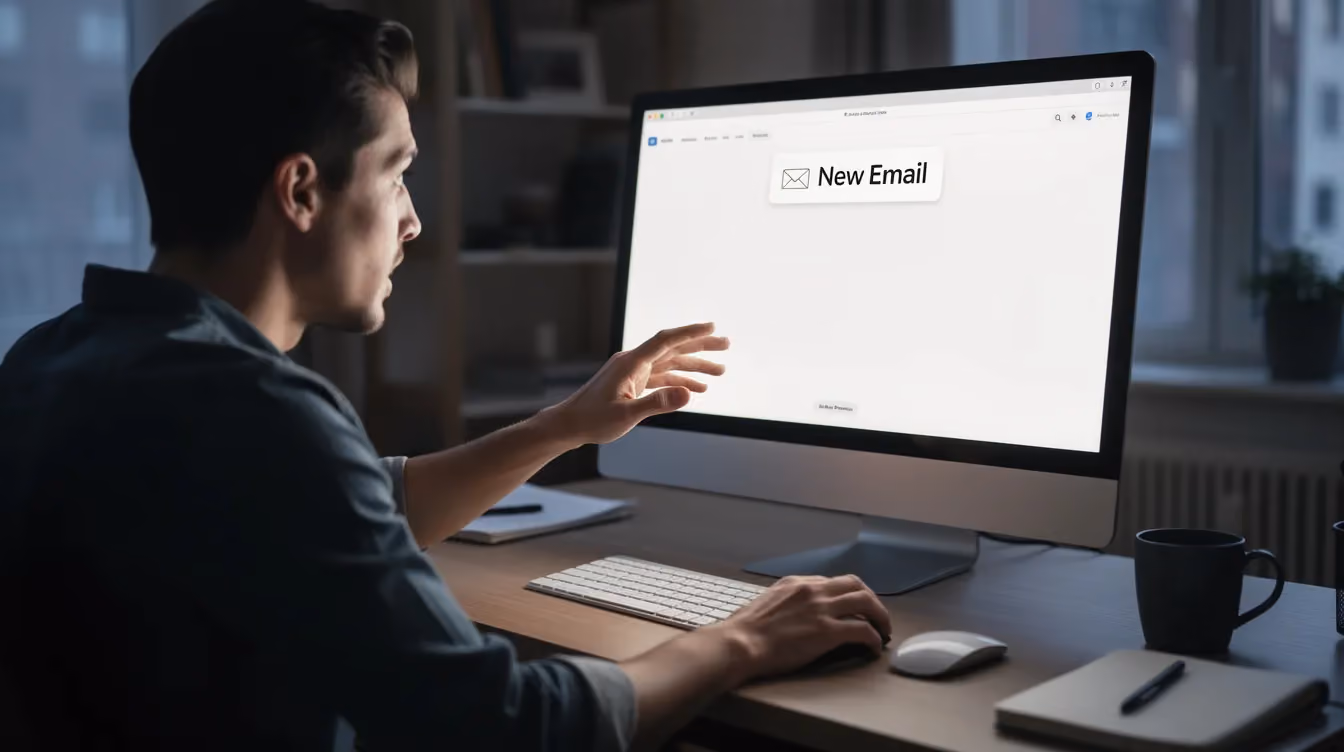 A person is sitting at a desk, focused on their computer screen where an email notification pops up, indicating a new message. This scene captures the essence of managing a digital product business, highlighting the importance of email communication in selling digital products online.