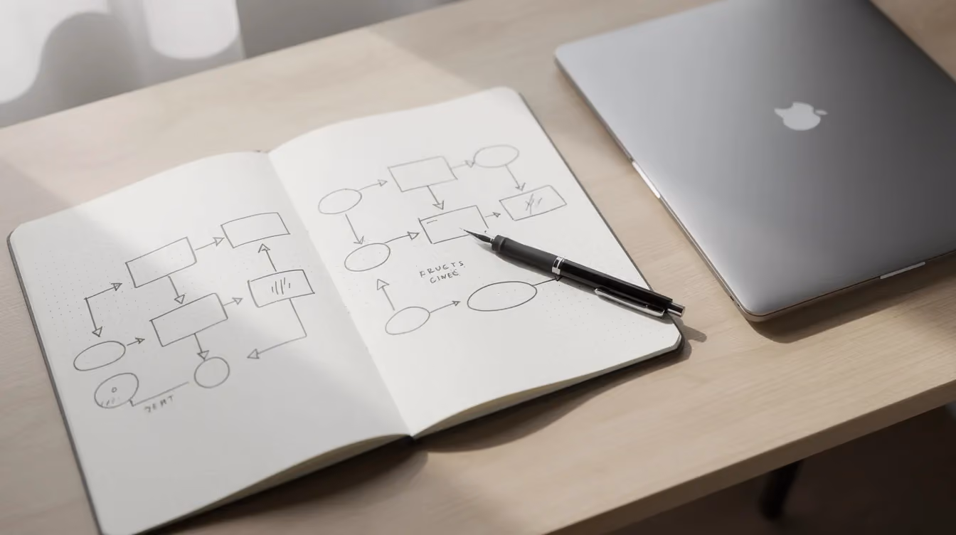 The image depicts a clean workspace featuring a notebook with hand-drawn flowchart sketches and arrows, positioned next to a laptop, symbolizing the organization and planning involved in creating and selling digital products online. This setup reflects a focus on personal development and digital product ideas, ideal for small business owners looking to generate passive income through online courses and digital downloads.