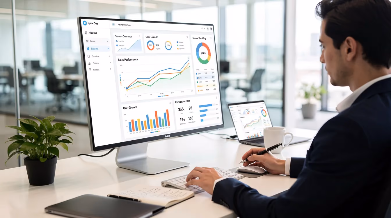 A person is intently reviewing colorful charts and analytics displayed on a large monitor in a bright, modern office, suggesting a focus on strategies for selling digital products online. The vibrant workspace reflects a professional atmosphere conducive to personal development and effective business planning.