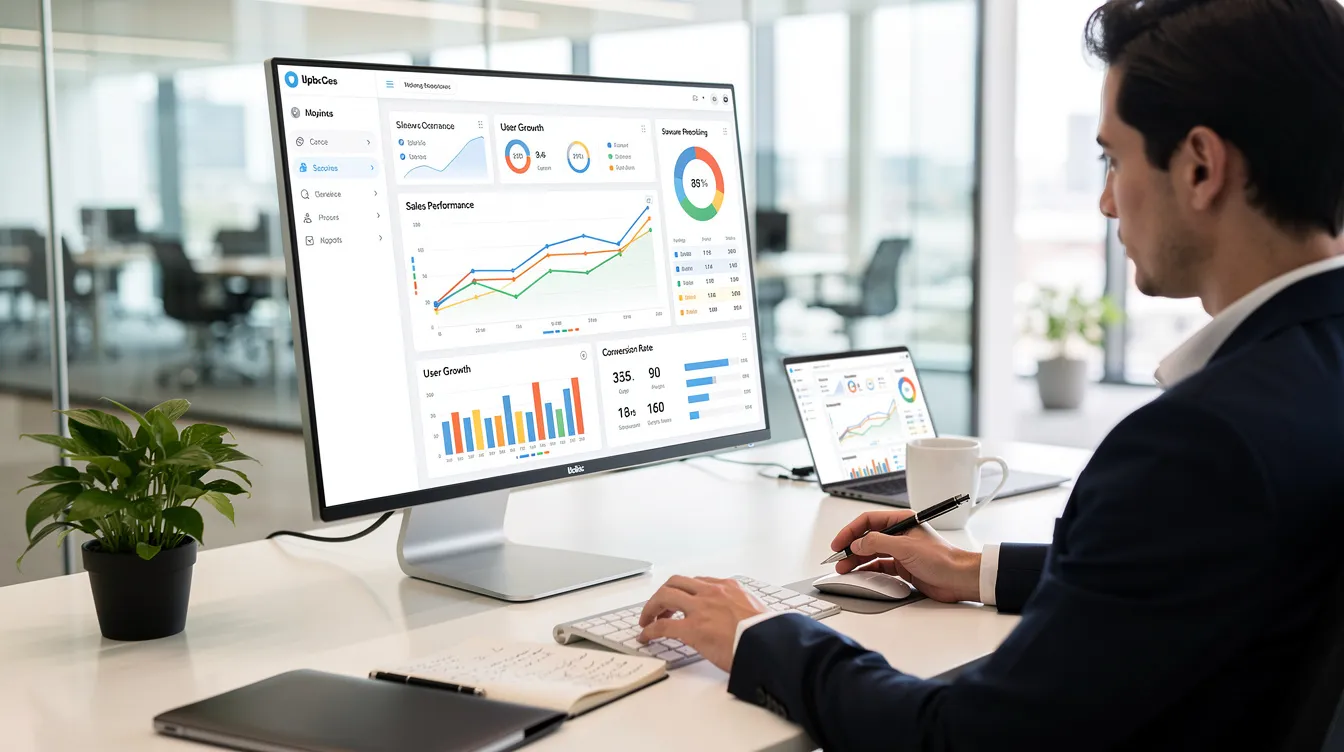 A person is intently reviewing colorful charts and analytics displayed on a large monitor in a bright, modern office, suggesting a focus on strategies for selling digital products online. The vibrant workspace reflects a professional atmosphere conducive to personal development and effective business planning.