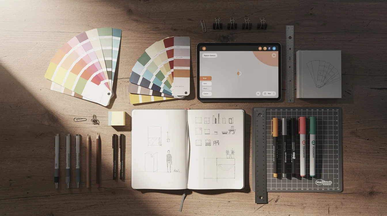This image showcases a neatly organized creative workspace featuring a tablet, color swatches, notebooks, and various design tools arranged on a wooden table. It represents an ideal setting for small business owners and graphic designers looking to sell digital products online, such as social media templates and online courses.