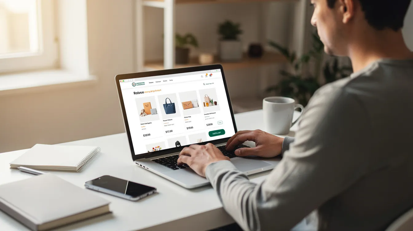 A person is sitting at a bright workspace, browsing an online store on a laptop, exploring various product pages and considering their search engine optimization strategy to improve their shop's visibility. The environment is well-lit and organized, reflecting a productive atmosphere for online shopping and digital marketing.
