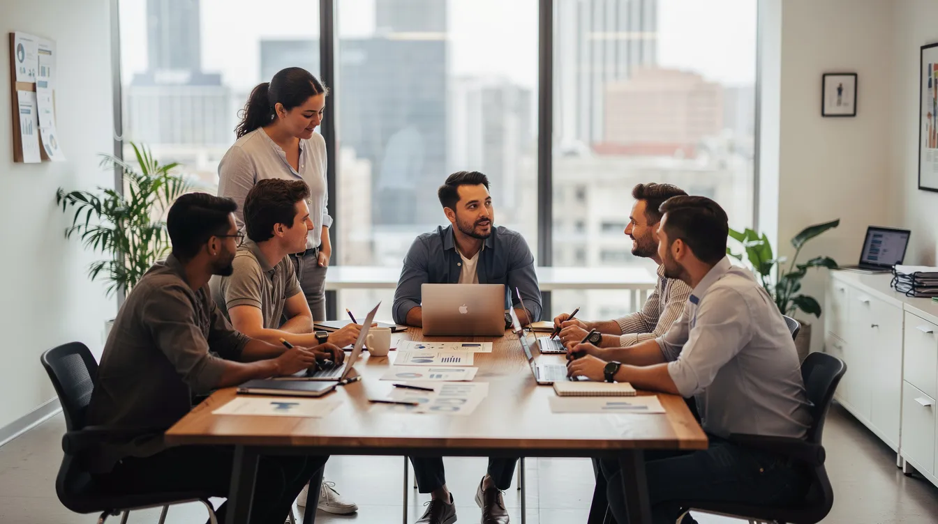 The image shows a diverse team collaborating around a modern office table, equipped with laptops and notebooks, as they strategize on search engine optimization and discuss SEO tactics for enhancing their online store's visibility. The atmosphere is focused and energetic, reflecting their commitment to improving search engine rankings and utilizing effective SEO tools.