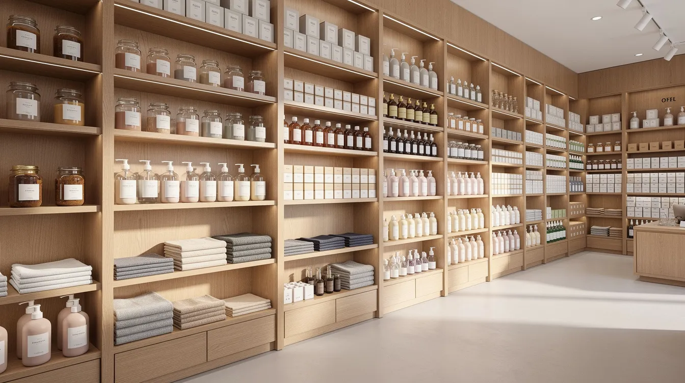 The image features organized wooden shelves in a retail setting, showcasing neatly arranged products that enhance the shopping experience. This visually appealing display is ideal for optimizing an online store's product pages, contributing to effective search engine optimization strategies.