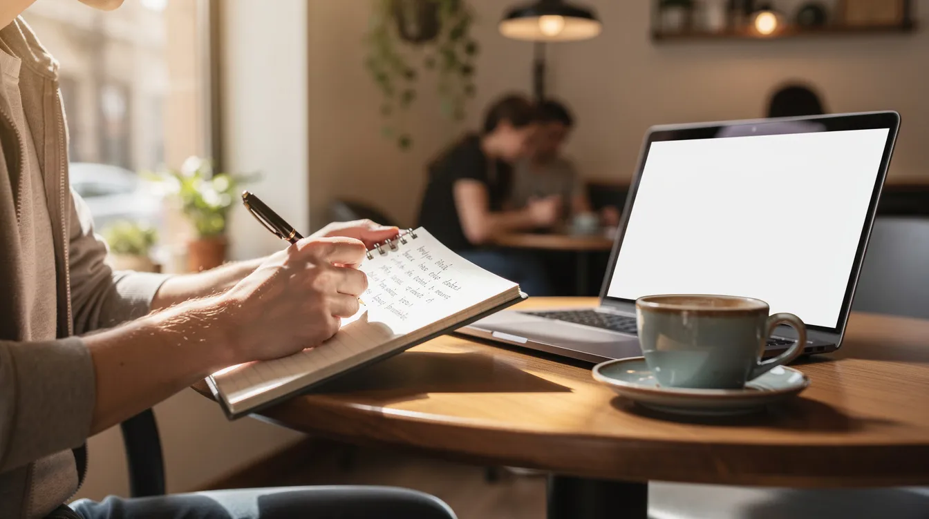 A person is seated in a cozy cafe, diligently writing notes in a notebook while a laptop sits open beside them. This scene captures the essence of productivity, perfect for those looking to enhance their online store's SEO strategy, including optimizing page titles and meta descriptions.