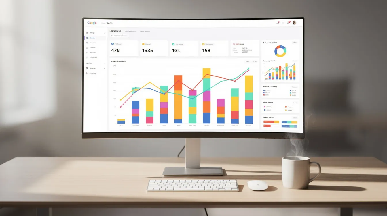 The image depicts a clean and organized desktop workspace featuring a wide monitor displaying vibrant bar charts and graphs, alongside a keyboard and a coffee mug. This setup reflects a focus on analyzing customer data and maximizing customer lifetime value through effective business strategies.