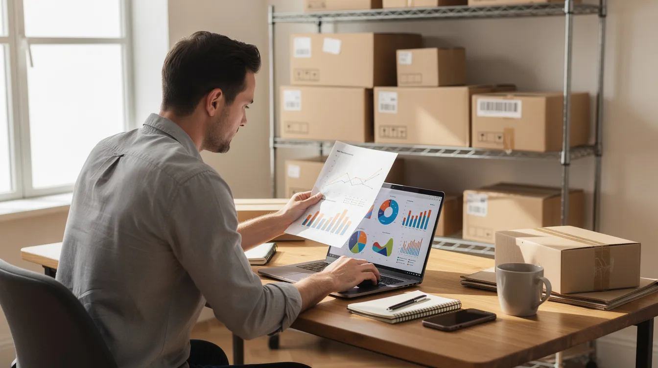 A small business owner is seated at a desk, focused on a laptop displaying charts, while shipping boxes are visible in the background. This scene highlights the importance of customer relationships and the analysis of customer lifetime value (CLV) for business growth strategy.