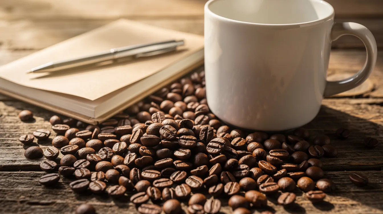 The image features freshly roasted coffee beans scattered on a rustic wooden surface, accompanied by a ceramic mug and a small notebook, creating a cozy coffee shop atmosphere. This inviting scene emphasizes the importance of customer experience and retention in building lasting relationships with loyal customers.