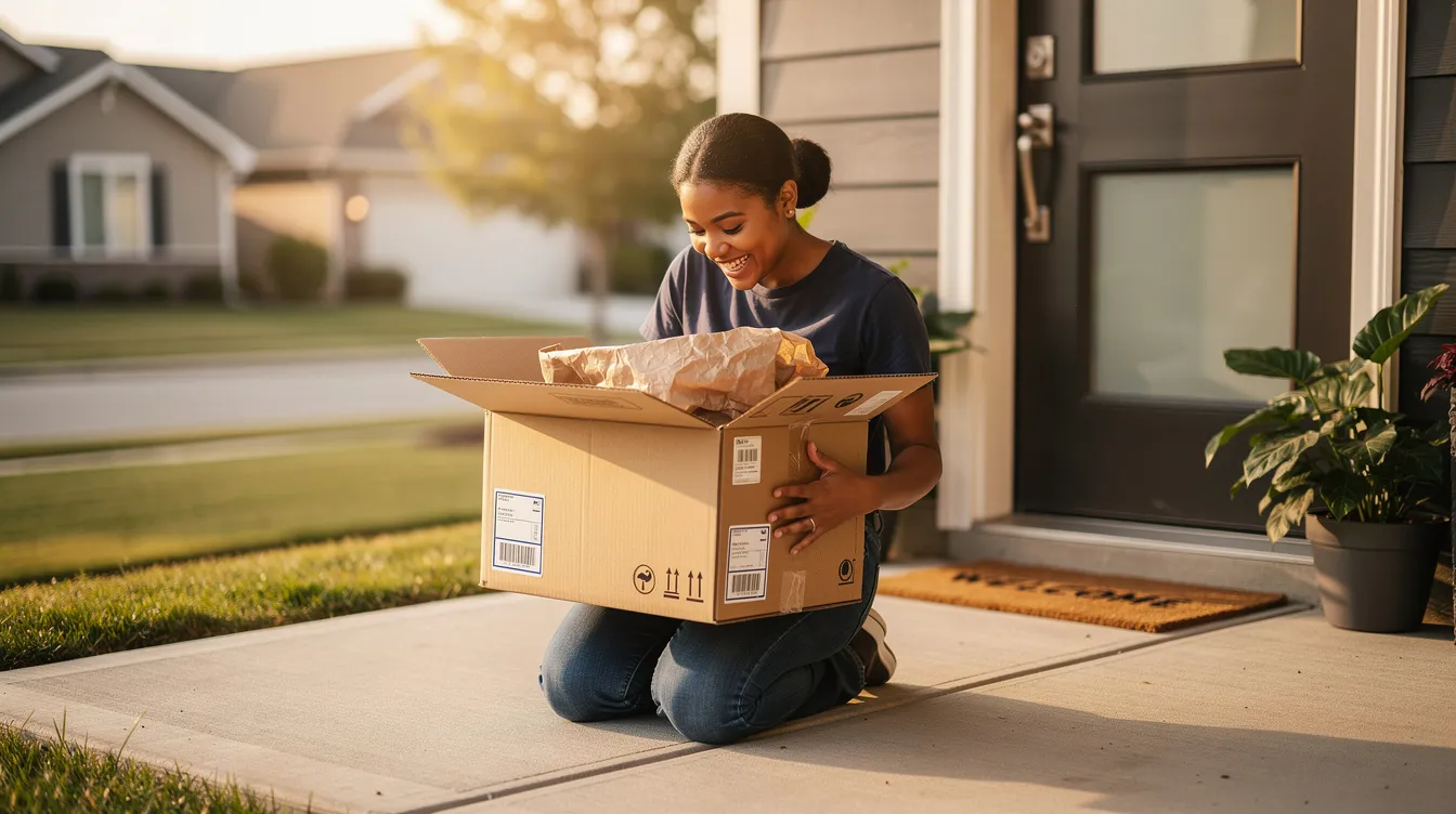 A person stands at their front doorstep, joyfully opening a package, showcasing the excitement of receiving a delivery. This moment reflects the importance of customer satisfaction and loyalty in enhancing the entire customer journey.