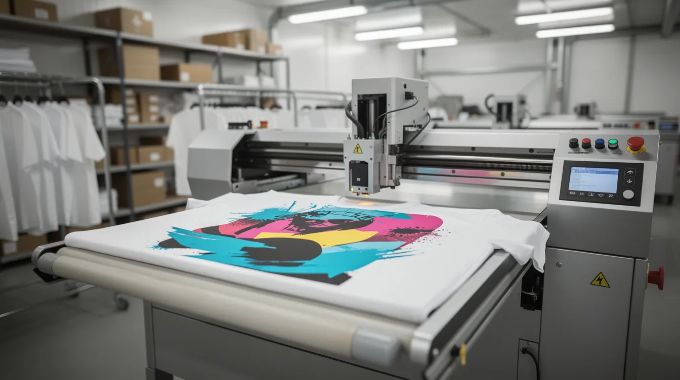 The image depicts a direct-to-garment printer applying a vibrant design onto a white cotton t-shirt in a production facility, showcasing the print quality and efficiency essential for the print on demand business model. This process highlights the automation tools used by many POD suppliers to meet customer expectations while minimizing inventory risk.