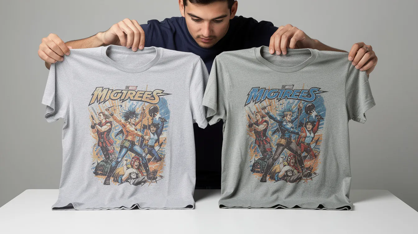 A person is closely examining two printed t-shirts side by side, focusing on the fabric texture and color accuracy to ensure they meet customer expectations for quality products. This careful comparison is essential for anyone in the print on demand space looking to maintain competitive prices and a strong profit margin.