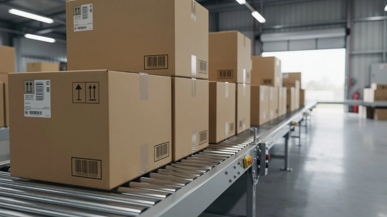 The image shows stacked cardboard shipping boxes on a warehouse conveyor belt, ready for dispatch, symbolizing the efficient logistics of the print on demand industry. This setup highlights the importance of fast local delivery and fulfillment speed in meeting customer expectations for quality products.