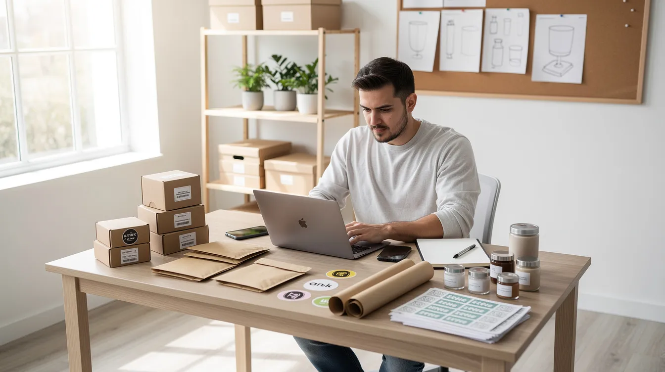 An entrepreneur is focused on their laptop in a bright home office, surrounded by product samples and packaging materials, illustrating the dynamic environment of a print on demand business. This scene highlights the importance of product quality and customer experience in the competitive pod market.