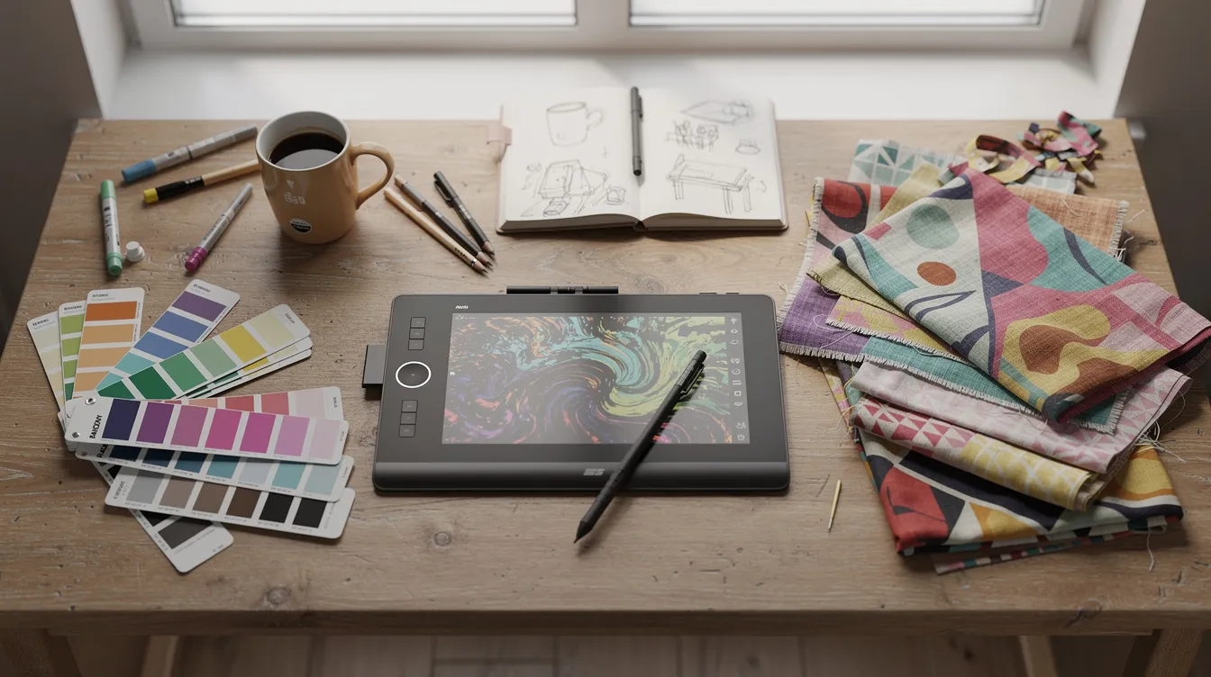 The image showcases an artist's workspace featuring a drawing tablet, an array of vibrant color swatches, and printed fabric samples spread across a desk, illustrating the creative process behind custom products in the print on demand space. This setting highlights the importance of quality products and customer expectations in a competitive pod business environment.