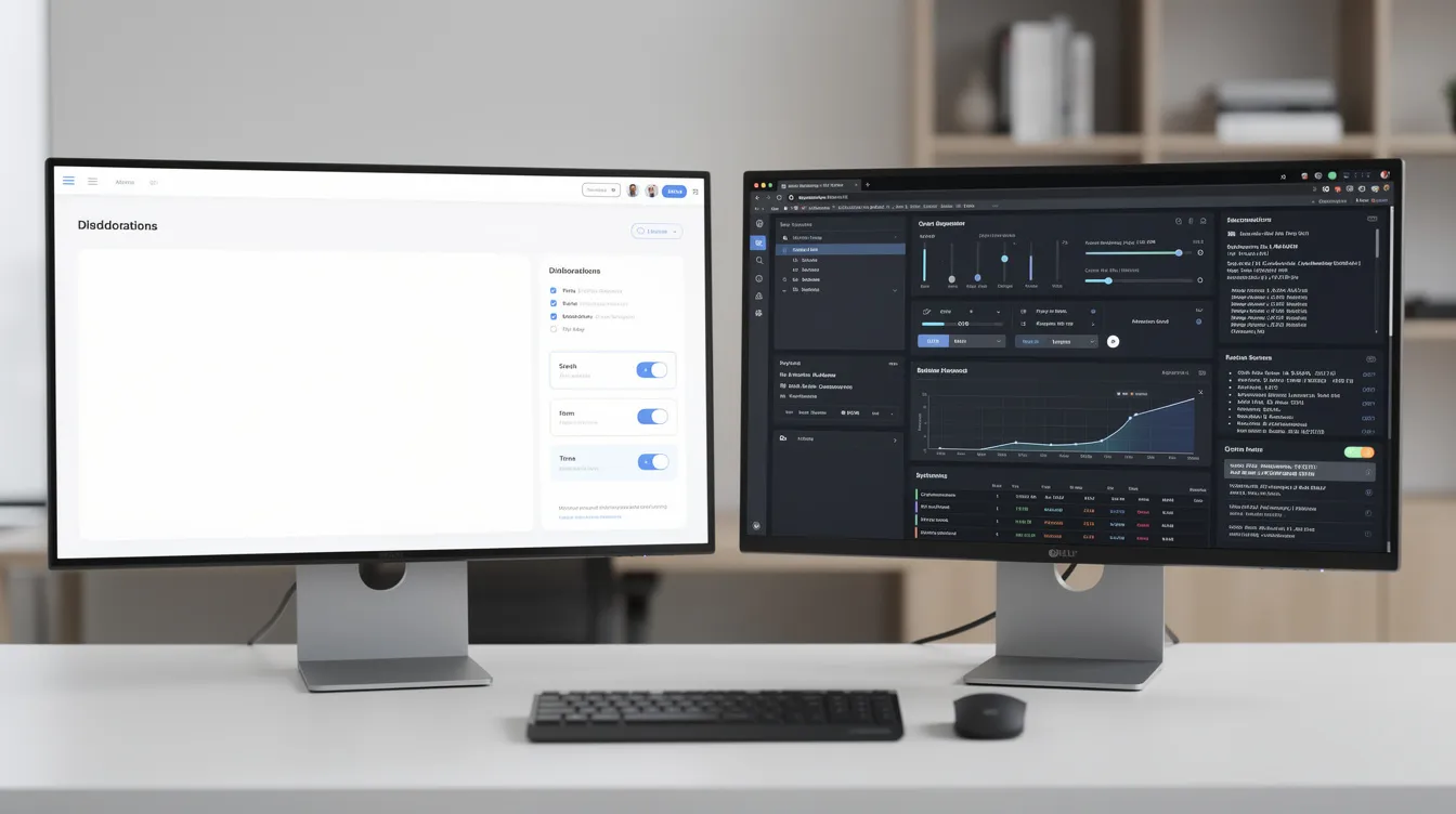 The image shows two computer screens side by side; the left screen displays a simple and clean Shopify dashboard for managing an online store, while the right screen features a complex technical interface of a WooCommerce store with multiple settings panels for advanced features. This comparison highlights the differences between Shopify and WooCommerce as ecommerce platforms for small to medium businesses.