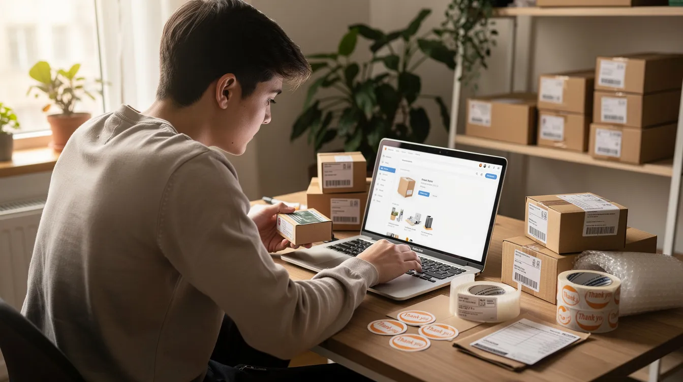 A person is sitting at a desk with a laptop, surrounded by small product boxes and shipping materials, as they set up their first online store. This scene captures the excitement of starting an ecommerce business, highlighting the essential tools and materials needed for a successful online store.