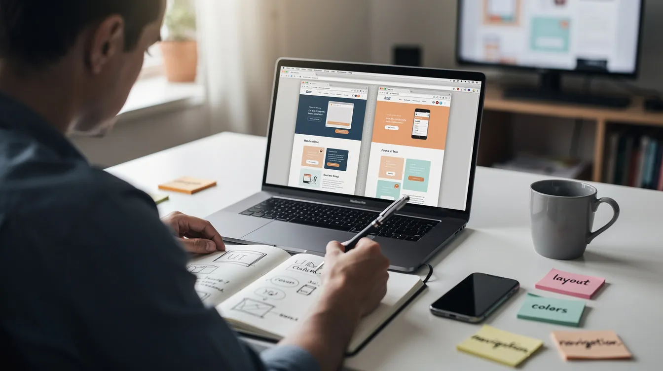 The image shows a person focused on taking notes at a desk, with a laptop displaying two browser windows open, comparing different website interfaces for an online store. This setup suggests they are evaluating various ecommerce platforms, such as Shopify and WooCommerce, to determine the best solution for their business needs.