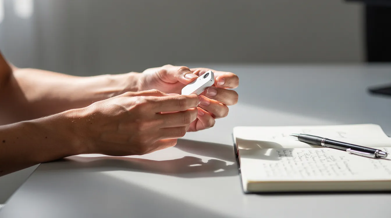 A person's hands are closely examining a product sample on a desk, with a notebook placed nearby, suggesting a careful evaluation of wholesale products for potential business decisions. This scene reflects the important steps in finding suppliers and managing operations to ensure reliability and success in the marketplace.
