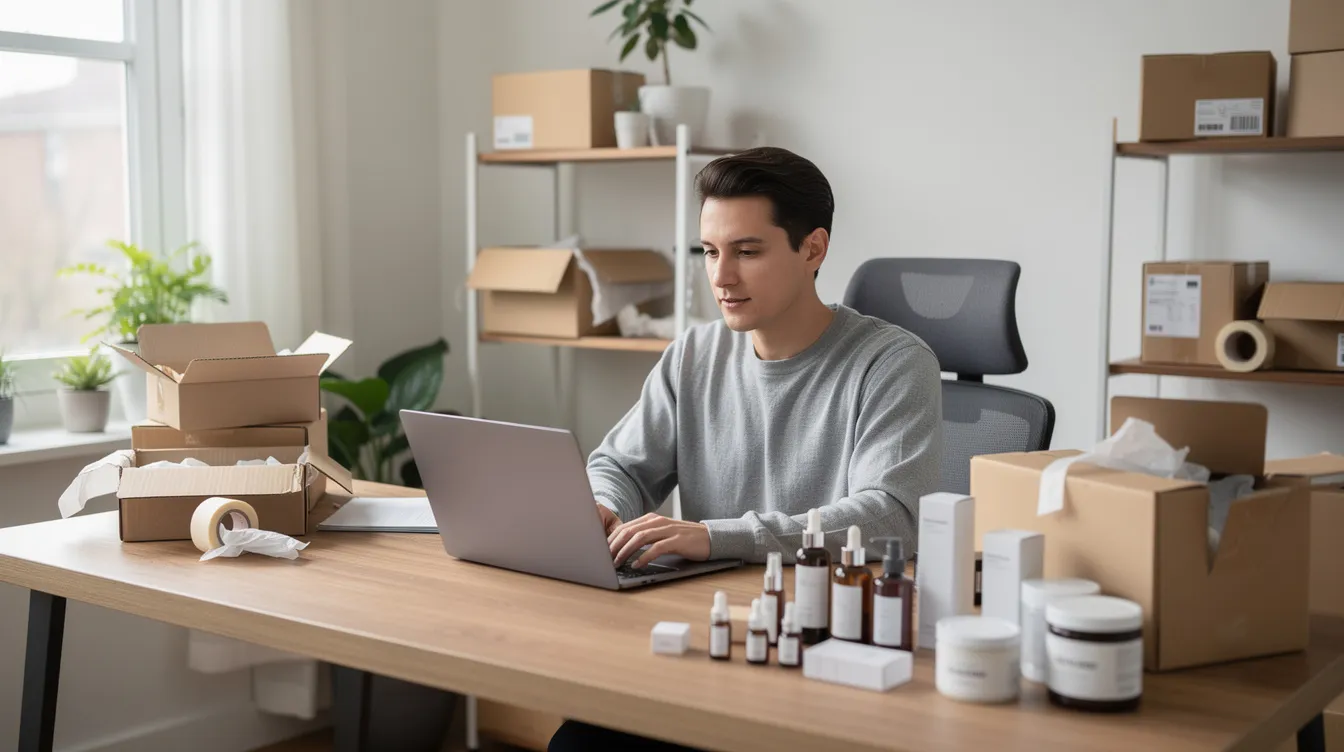 A person is seated at a desk, focused on their laptop while surrounded by shipping boxes and product samples, illustrating the process of managing a business that involves finding wholesale suppliers and handling in-demand products. This scene reflects the operations of a company aiming for success in the online marketplace.