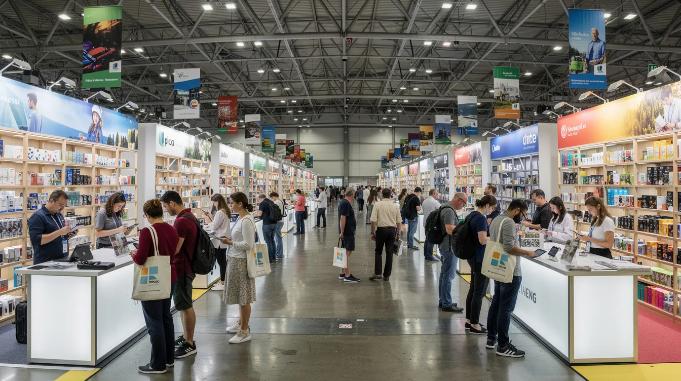 The image depicts a bustling trade show floor filled with various product booths where numerous customers are actively examining merchandise. This vibrant scene highlights the interaction between buyers and suppliers, showcasing a wide range of wholesale products and services that can contribute to business success.